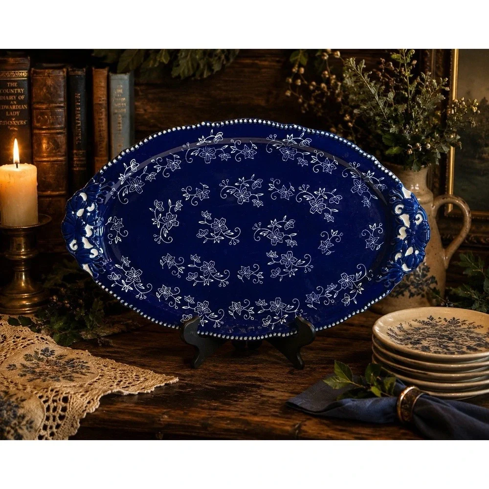 Temp-tations by Tara Floral Lace Cobalt Blue Oval Serving Platter 18.5